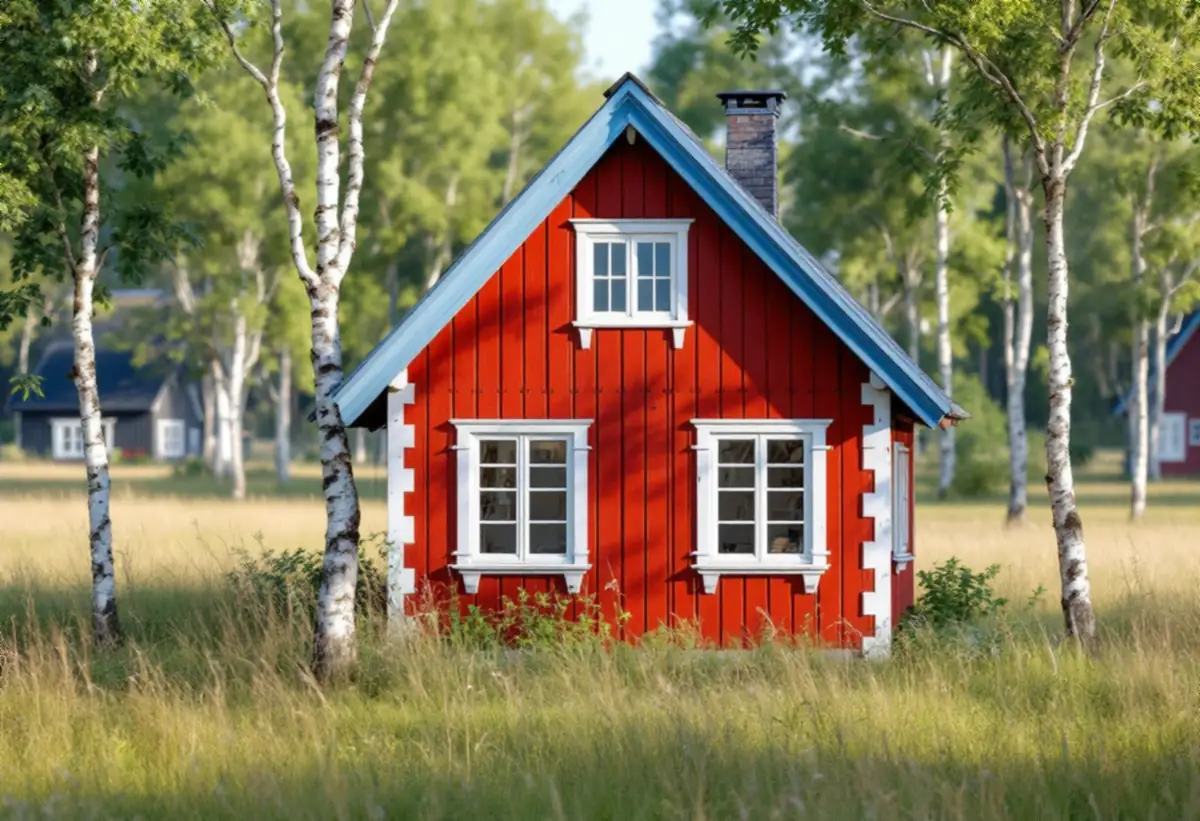 Faluröd stuga med vita knutar och spröjsade fönster på Lidingö