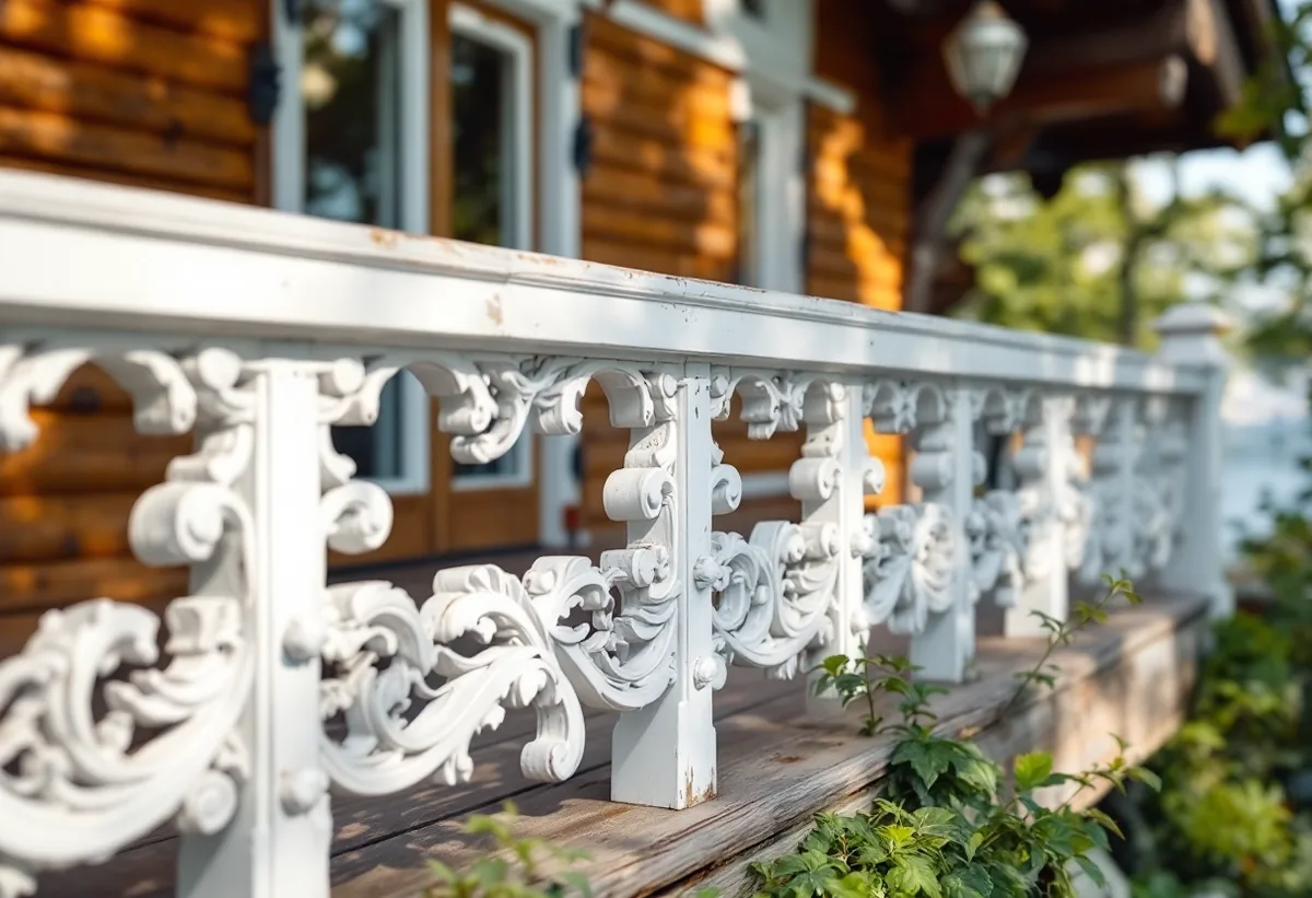 Nymålade lövsågade ornament och verandaräcke på en schweizervilla i Nacka