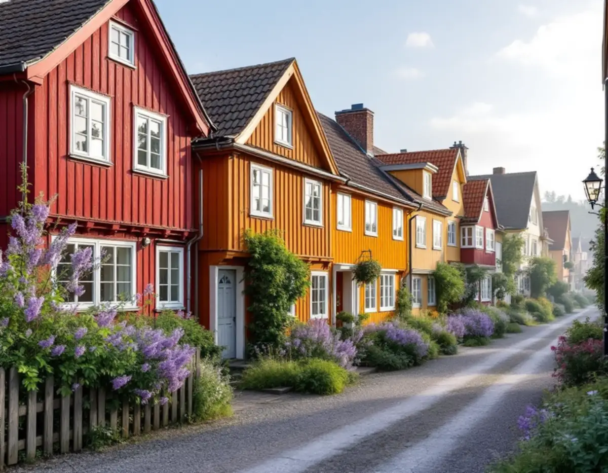 Låga timmerhus i rött och ockra längs en smal grusad gränd med träplank på Södermalm