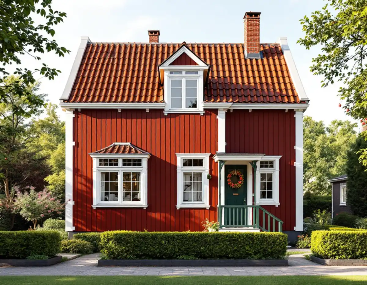 Rödfärgad villa i nationalromantisk stil med vita knutar och grön veranda i Spånga