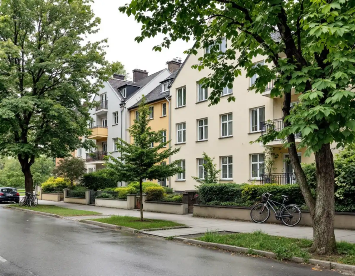 Ljusa lamellhus från 1940-talet med putsfasader och balkonger längs en lugn gata i Sundbyberg