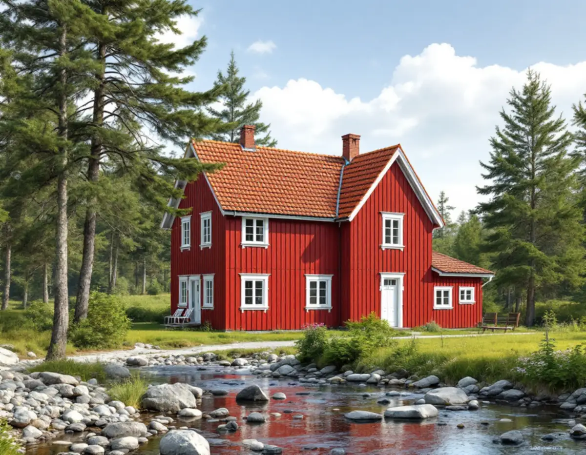 Rödfärgat trähus med vita knutar och fönsterfoder bland tallar i Tyresö
