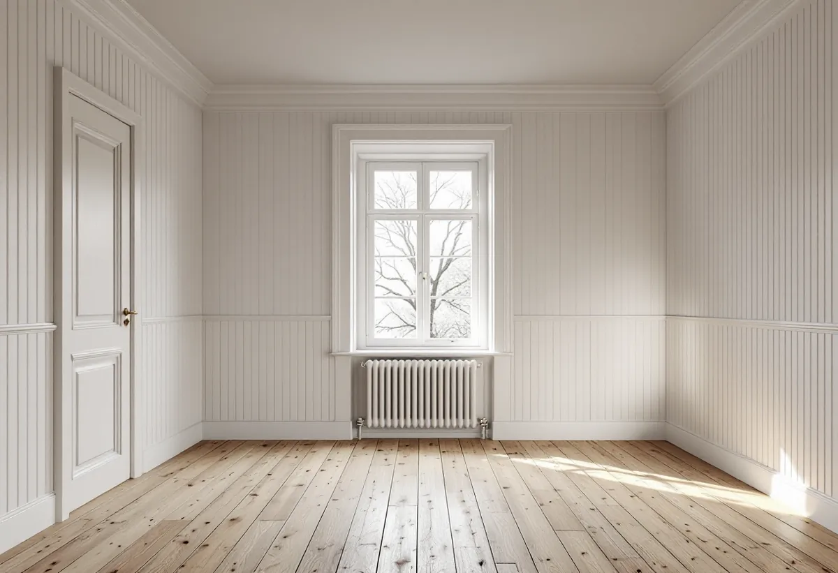Äldre rum med pärlspontpanel, vitmålade foder och matt tak i ett hus i Tyresö