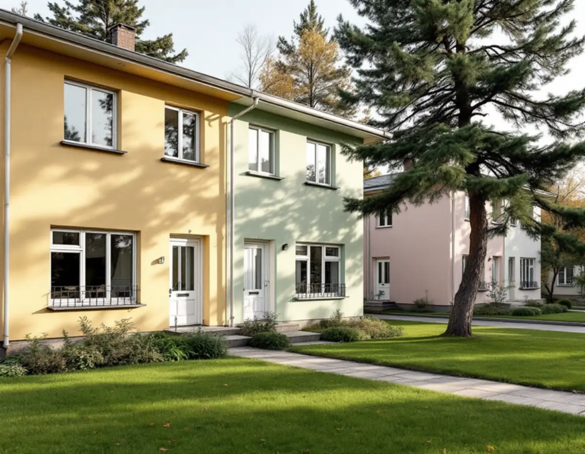 Radhus från 1950-talet med franska fönster och dekorativa räcken i Råcksta