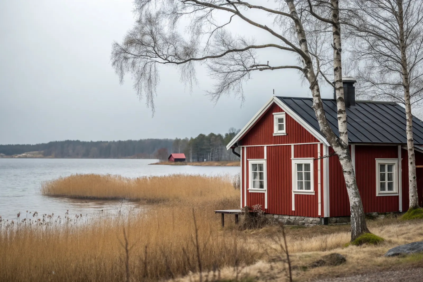 Rött trähus med svart falsat plåttak vid Mälarens strand på Ekerö