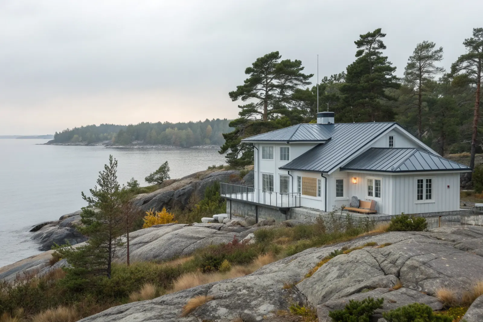 Havsnära villa på berg med plåttak, typisk för Saltsjöbaden