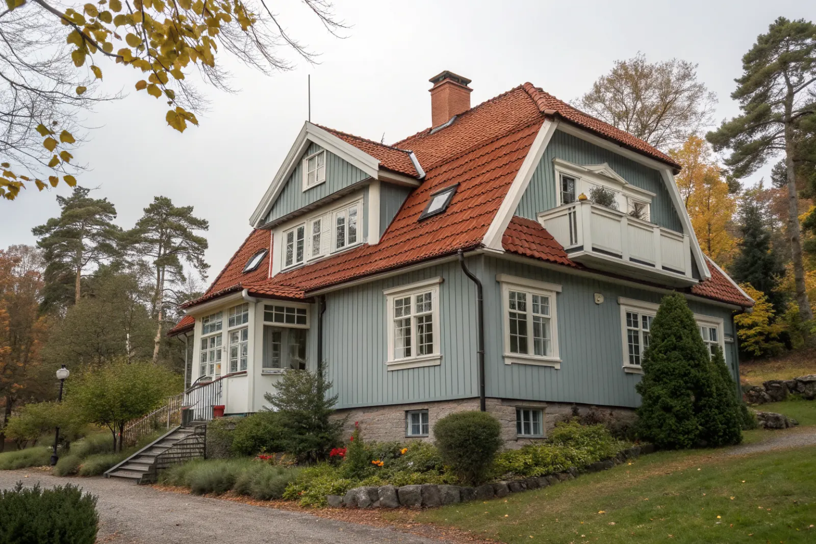 Äldre trävilla med brant tegeltak och takkupa, typisk för Duvbo
