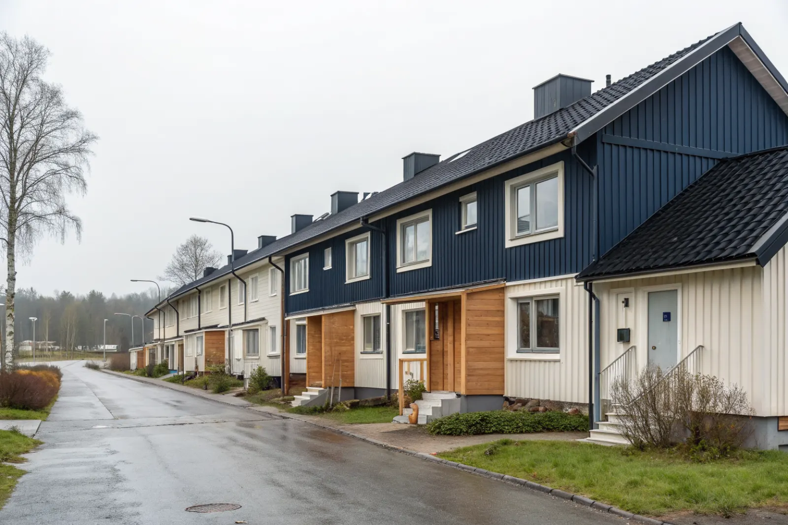 Radhuslänga från 70-talet med låglutande svarta tak