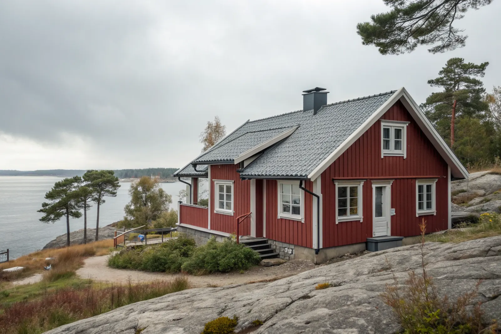 Permanentat fritidshus med betongpannor på berg vid en vik i Tyresö