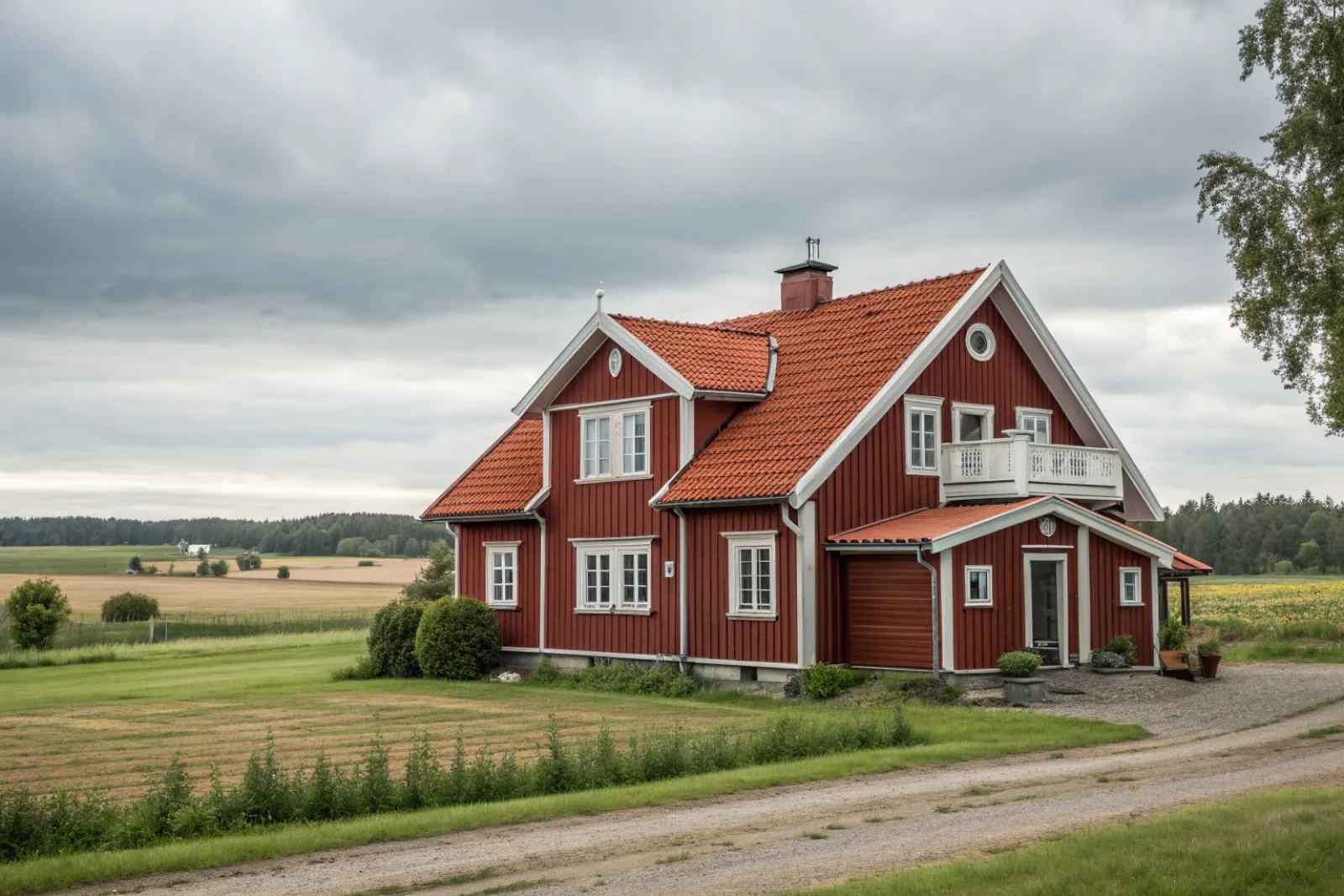 Faluröd gårdsbyggnad med tegeltak i Vallentunas jordbrukslandskap
