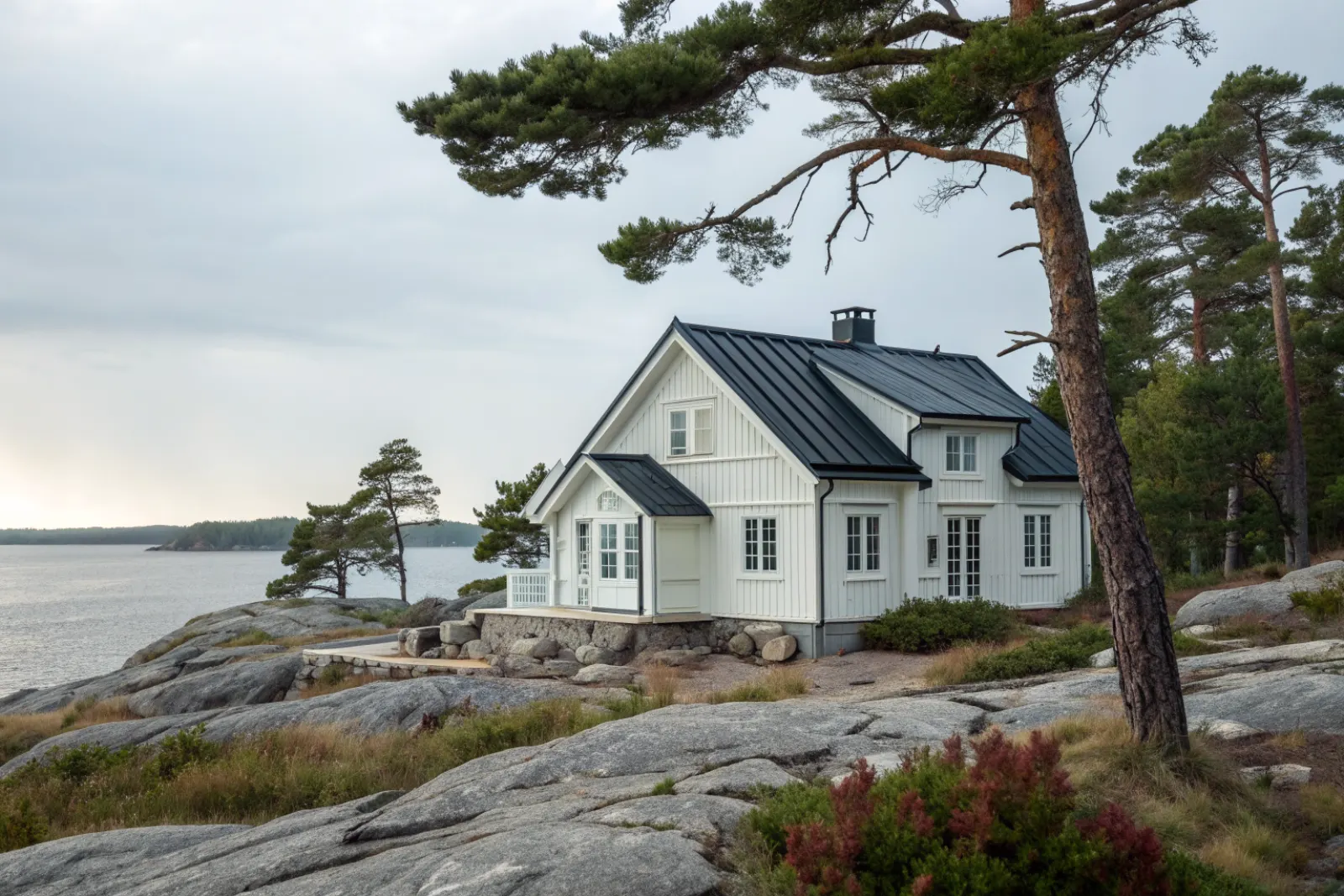 Skärgårdshus med svart plåttak på klippor vid havet på Värmdö