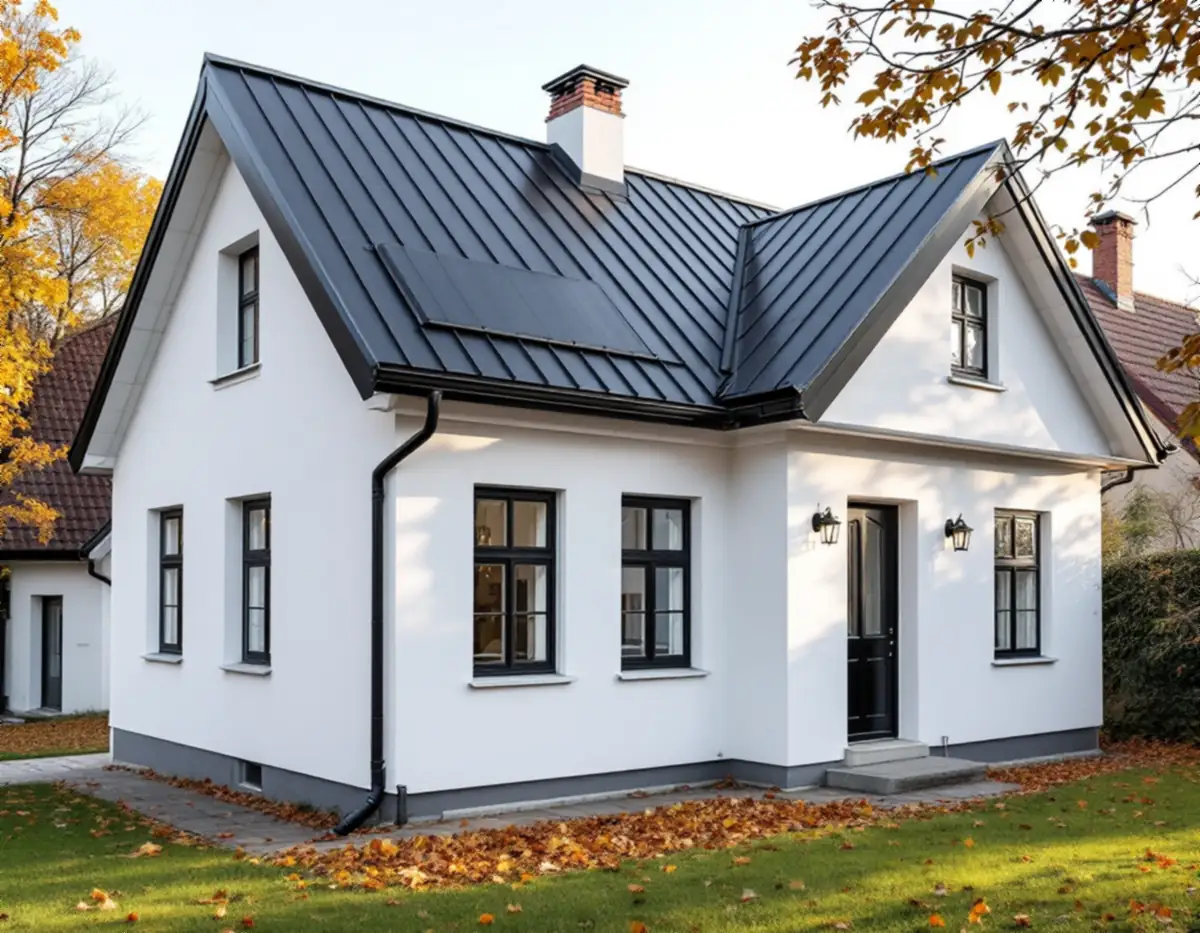 Villa med nytt svart falsat plåttak, hängrännor och stuprör i plåt