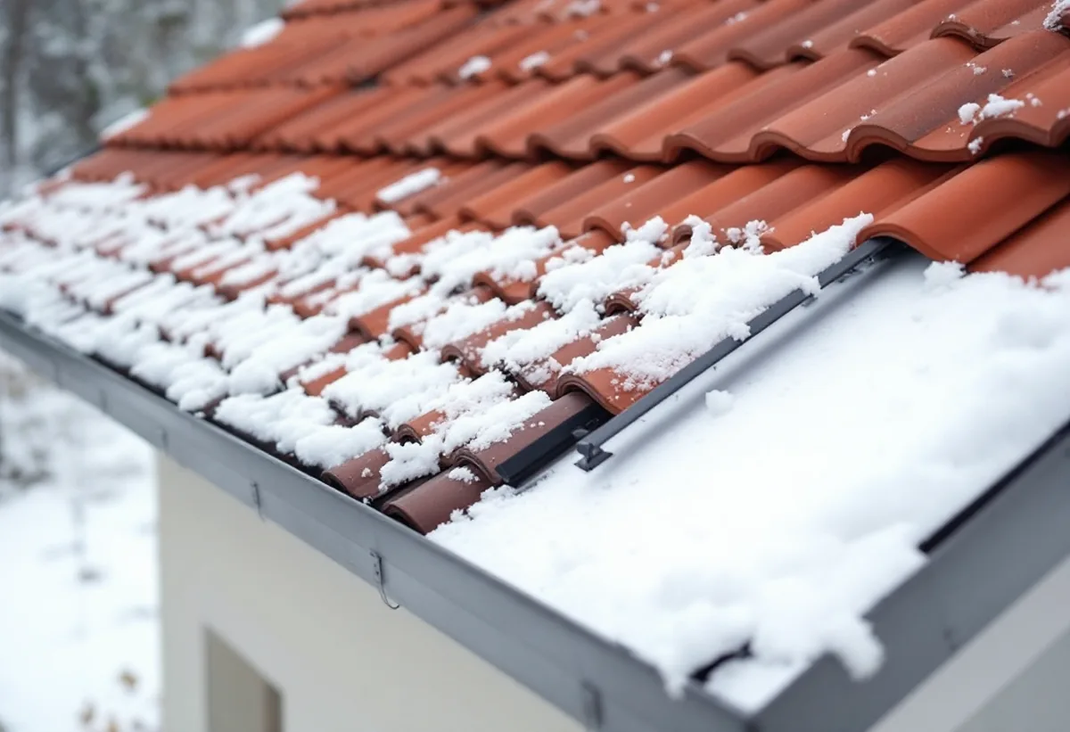 Snö på rött tegeltak vid takfoten med snörasskydd och plåt längs kanten