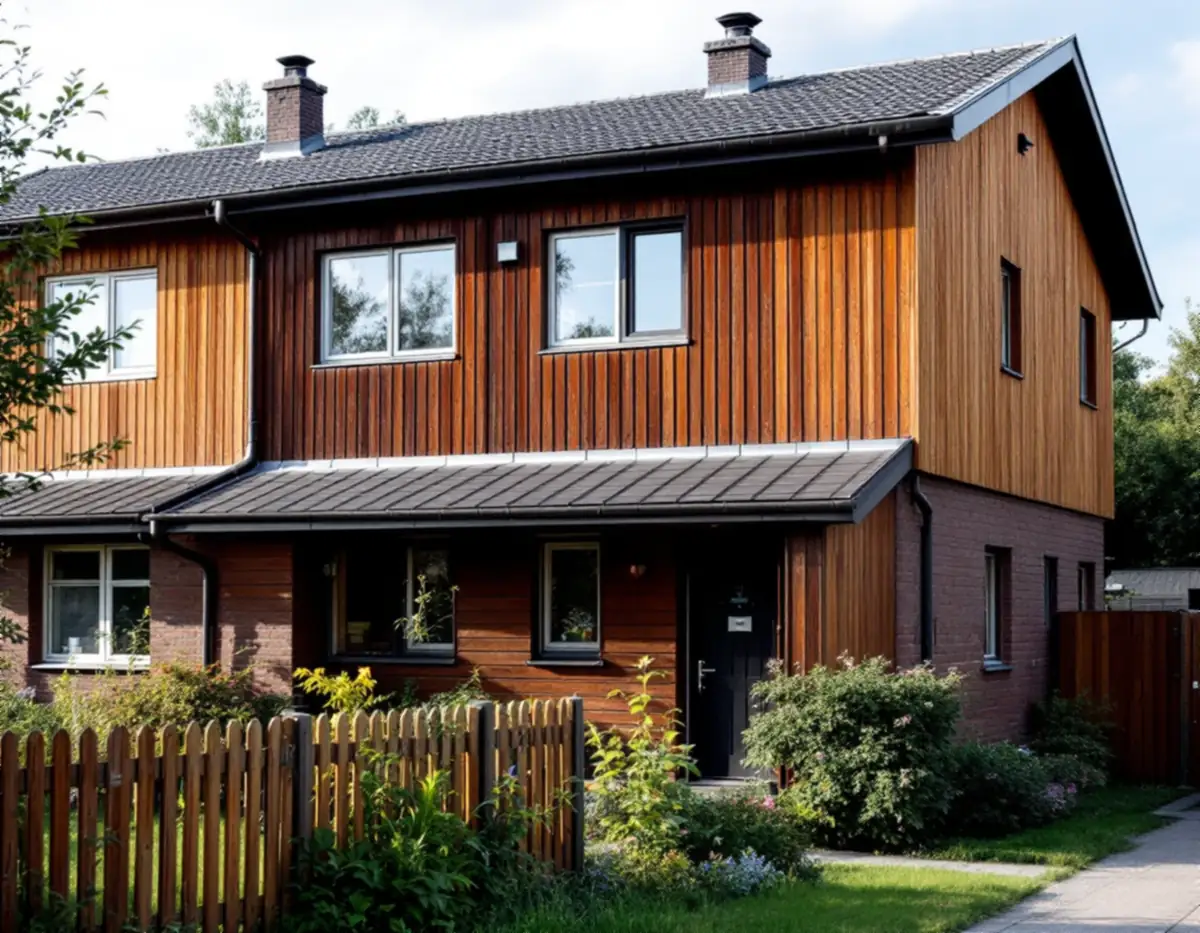 Radhuslänga med låglutande tak och plåtdetaljer