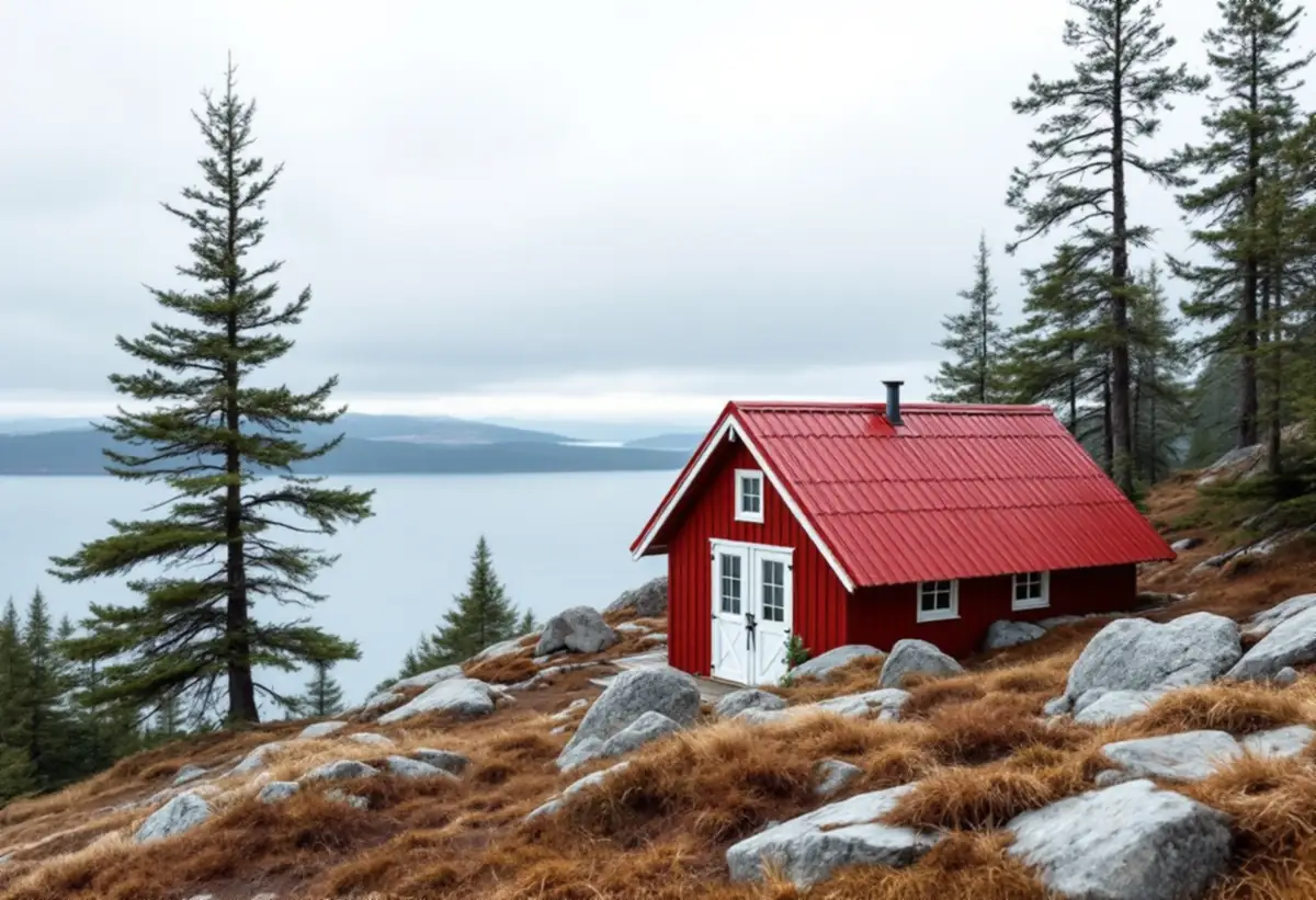 Liten röd stuga med lågt tak av röd korrugerad plåt bland tallar