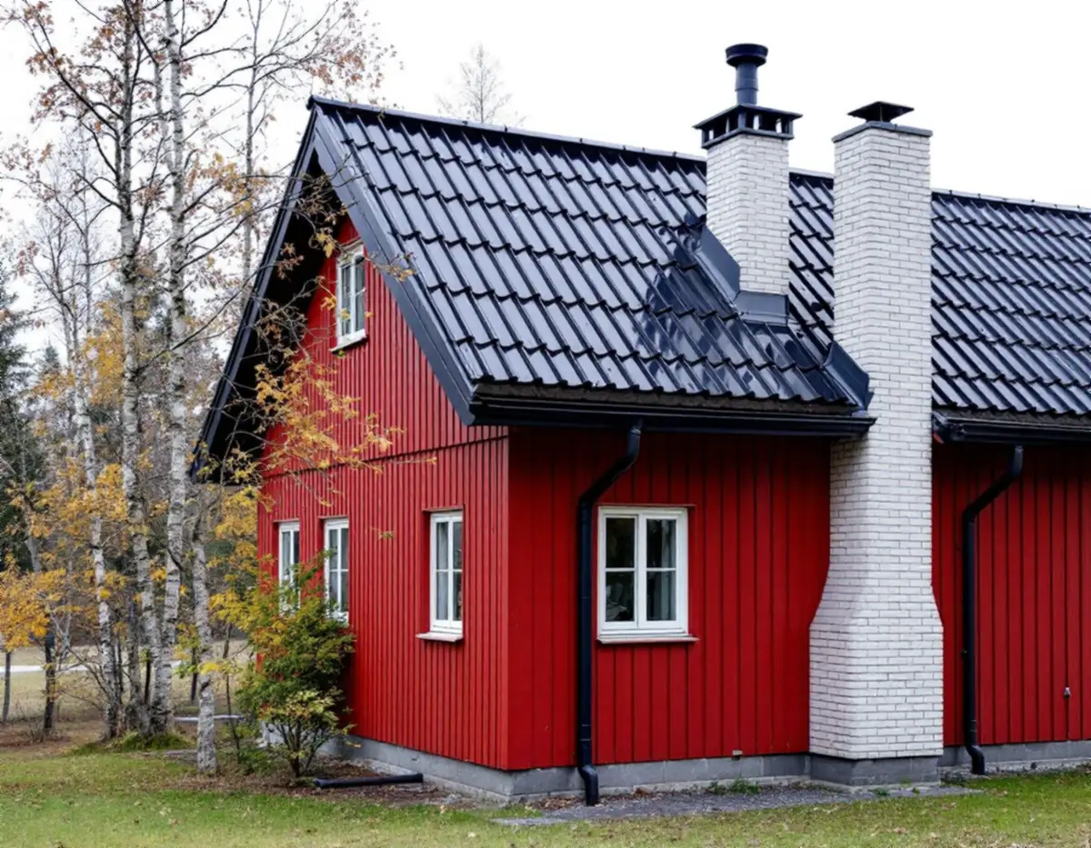 Röd trävilla i Roslagen med svart plåttak, vit skorsten och stuprör