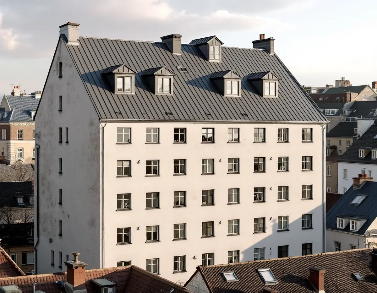 Plåttak med takkupor på ett stenhus på en höjd