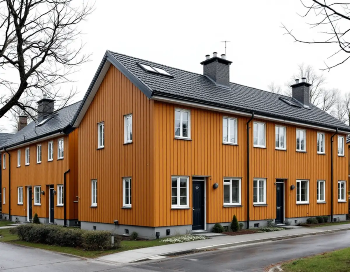 Radhuslänga i Sollentuna med gemensam takfot, hängrännor och stuprör i plåt