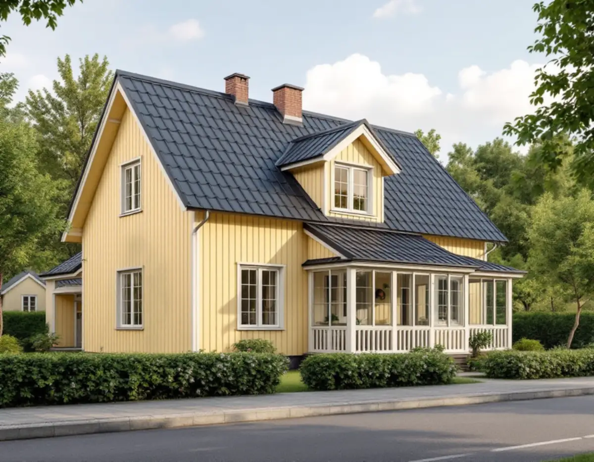 Äldre trävilla med plåttak och glasveranda i en villastad