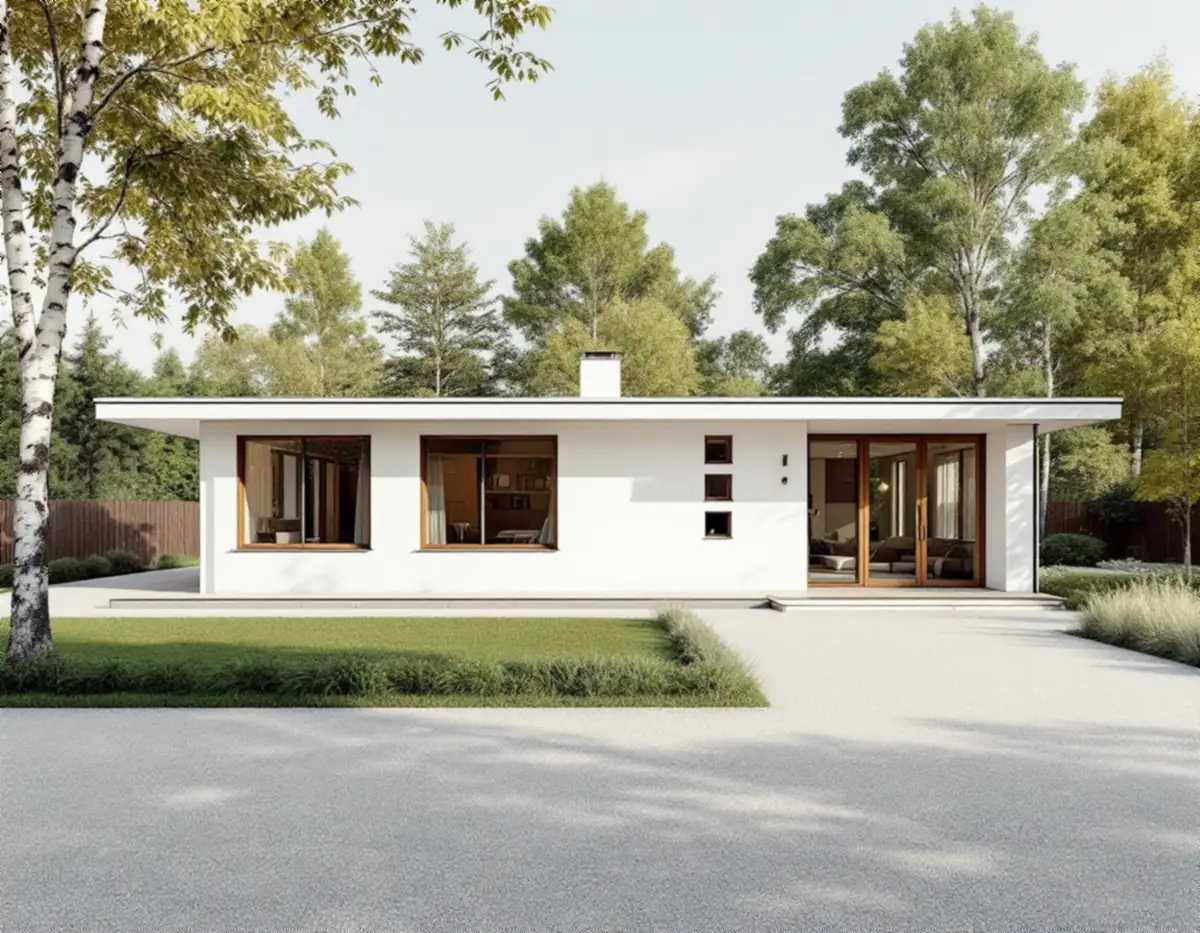 Funkisvilla i Täby med ljus puts, lågt tak och smala plåtvindskivor