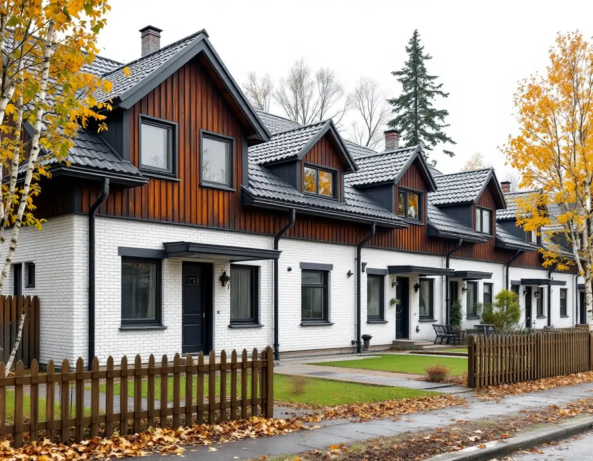 Radhuslänga i Upplands Väsby med mörka tak, hängrännor och stuprör