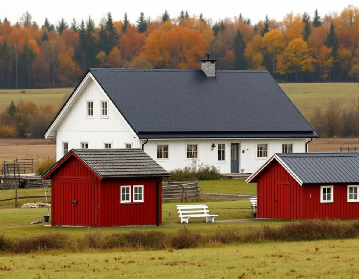 Gård i Vallentuna med vit villa, röd vedbod och garage med plåttak
