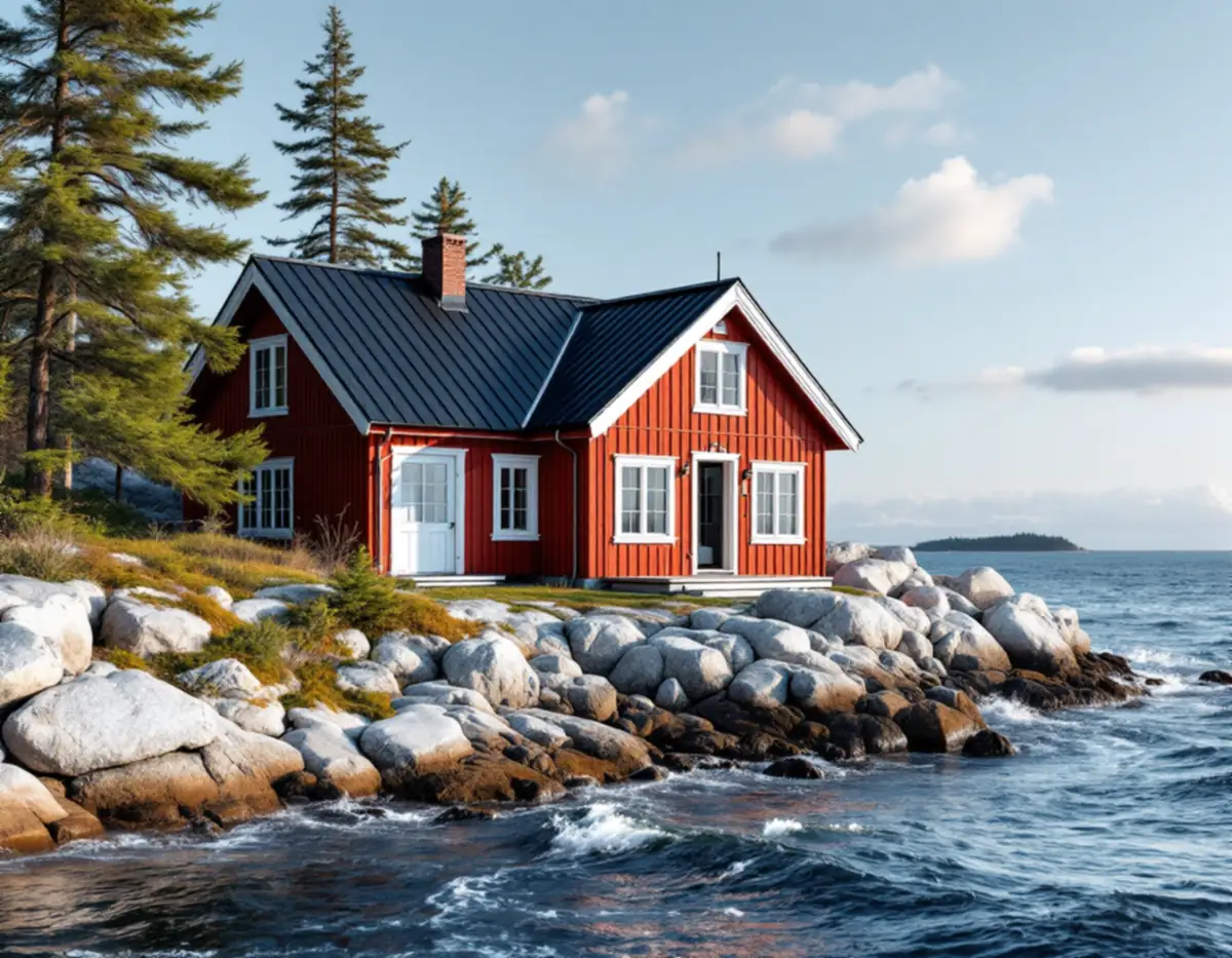 Rött trähus med svart falsat plåttak på en klippa i Värmdös skärgård