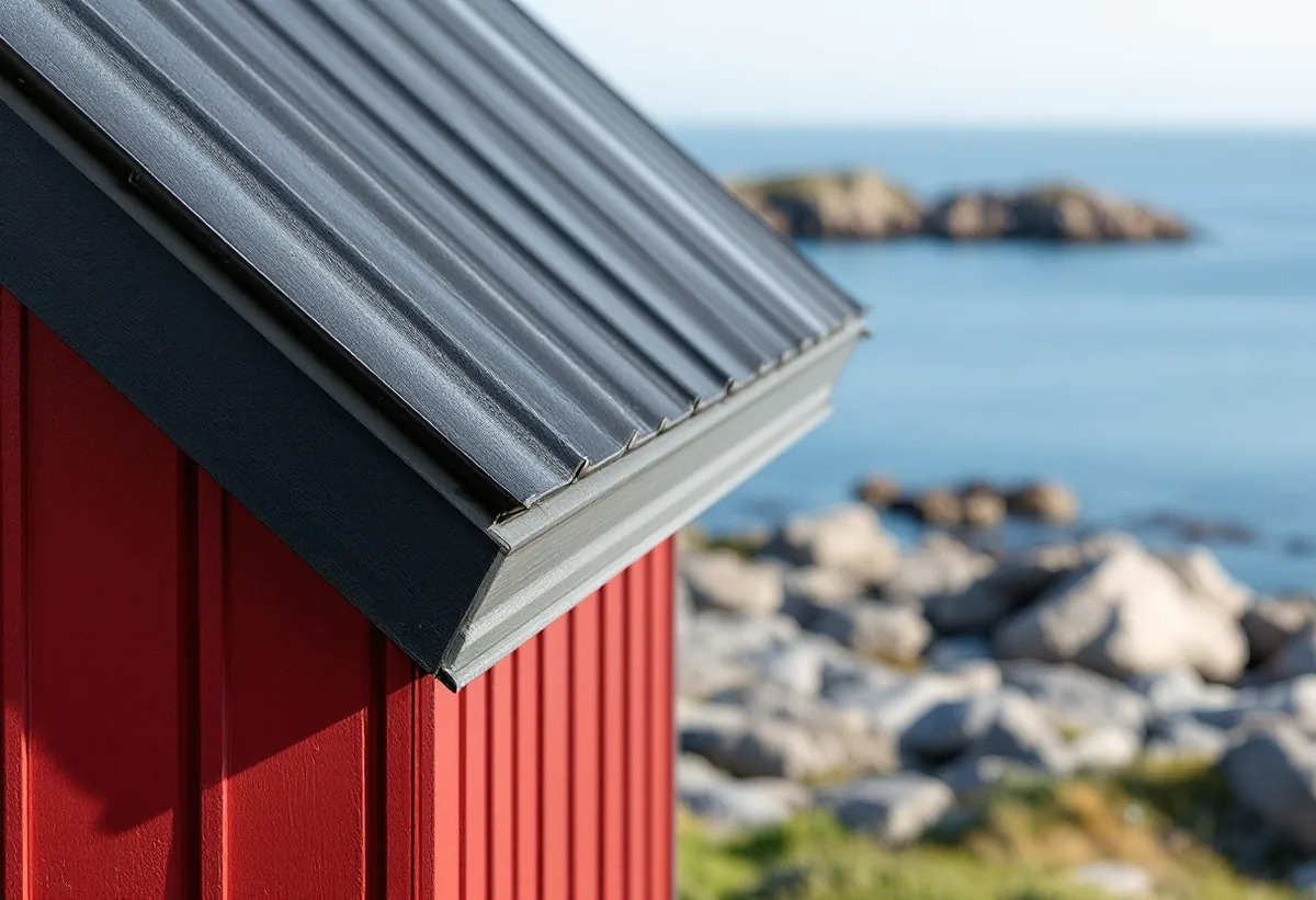 Vindskiva i plåt vid gaveln på ett skärgårdshus med havet i bakgrunden