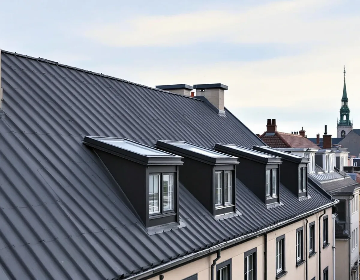 Plåttak med takfönster på ett stenhus i innerstaden