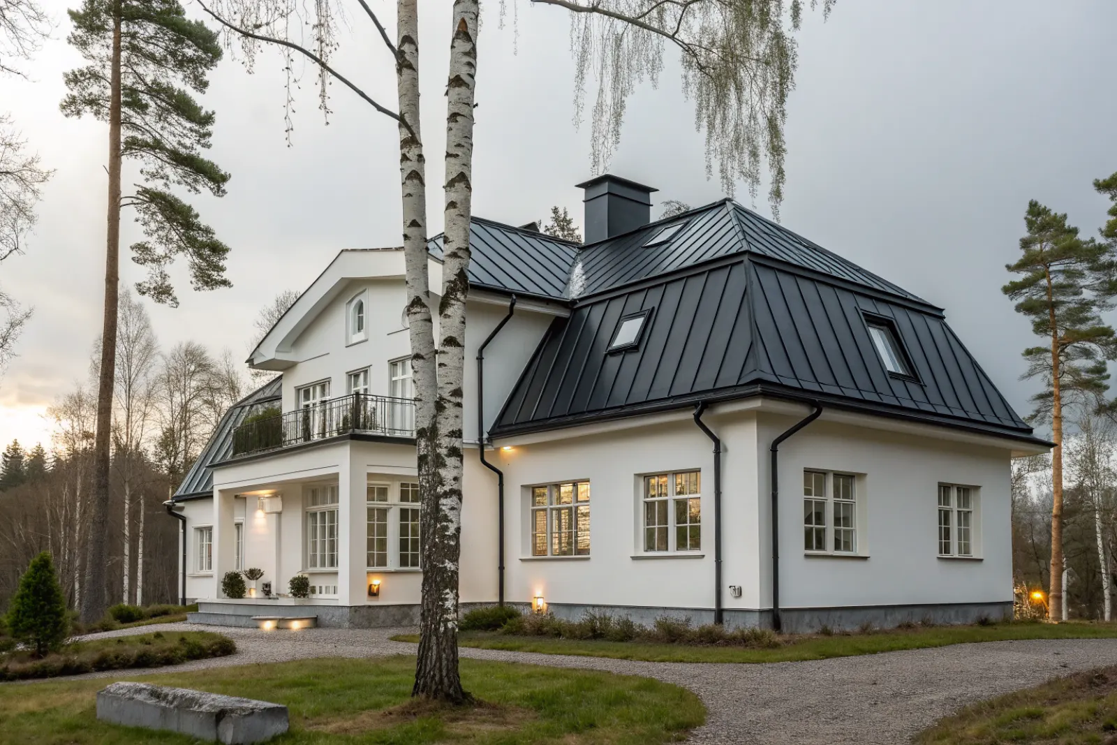Svart falsat plåttak på en vit funkisvilla