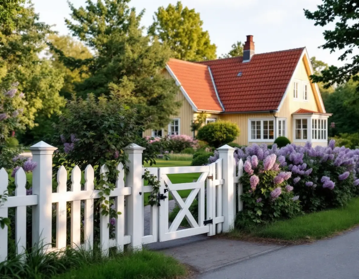 Vitt spjälstaket med grind framför en gul trävilla med glasveranda i Älvsjö