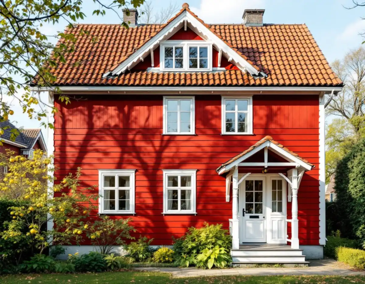 Röd trävilla med vit veranda vid entrén i Gamla Enskede