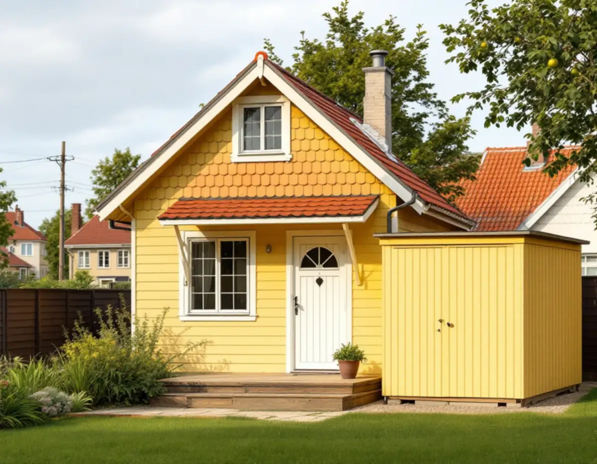 Liten gulmålad småstuga med nybyggt förråd i trä i bakträdgården i Tallkrogen