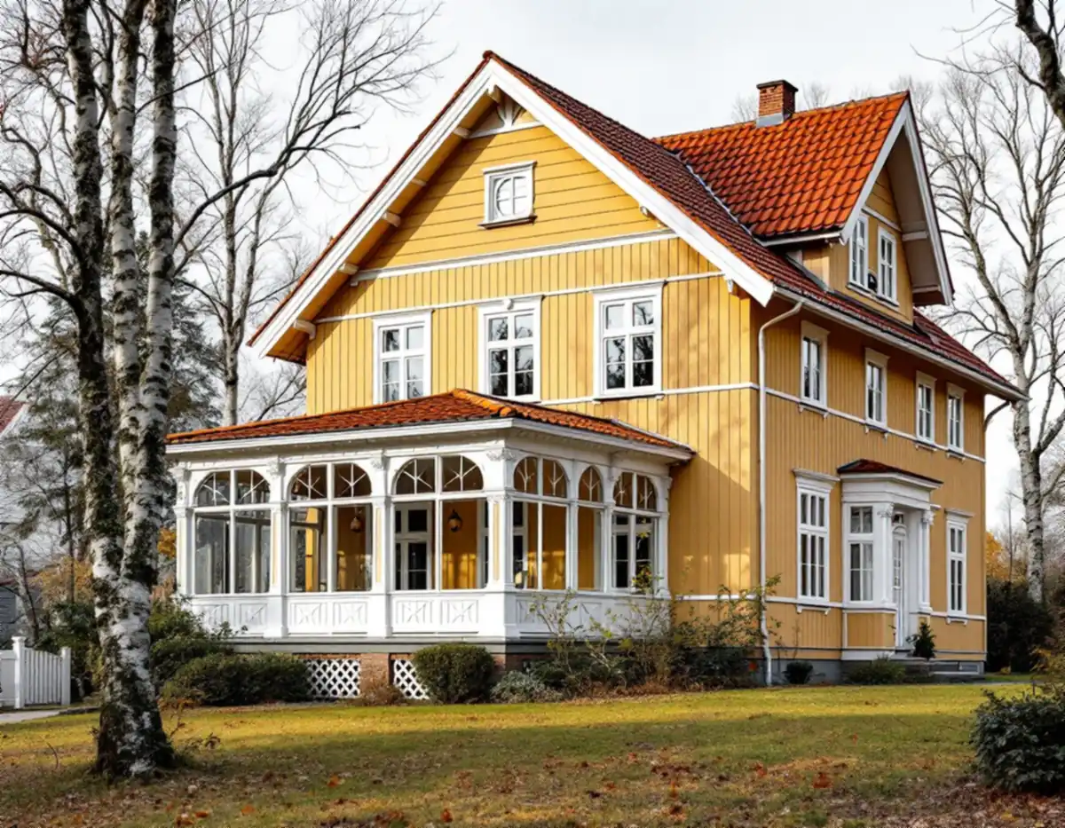 Trävilla från 1920-talet med glasveranda, profilerade knutar och tegeltak i Mälarhöjden