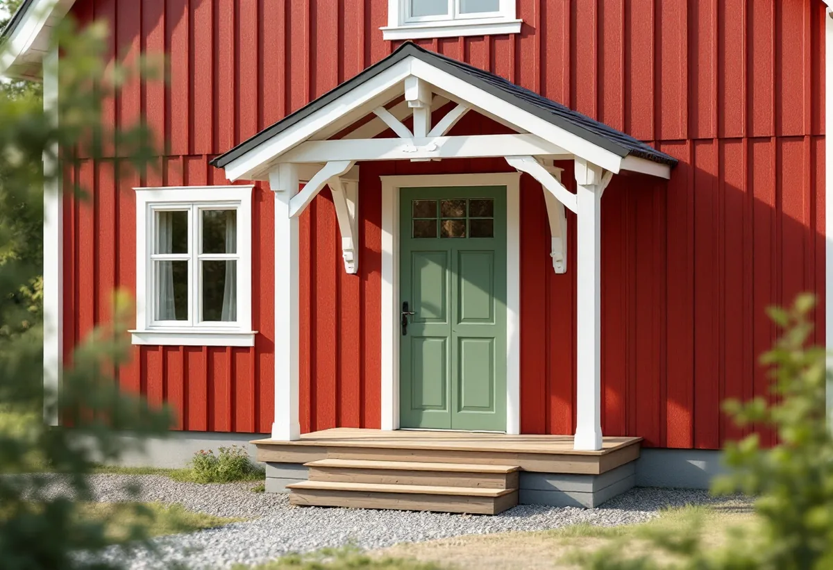 Ny farstukvist med snickarglädje framför en rödmålad gård