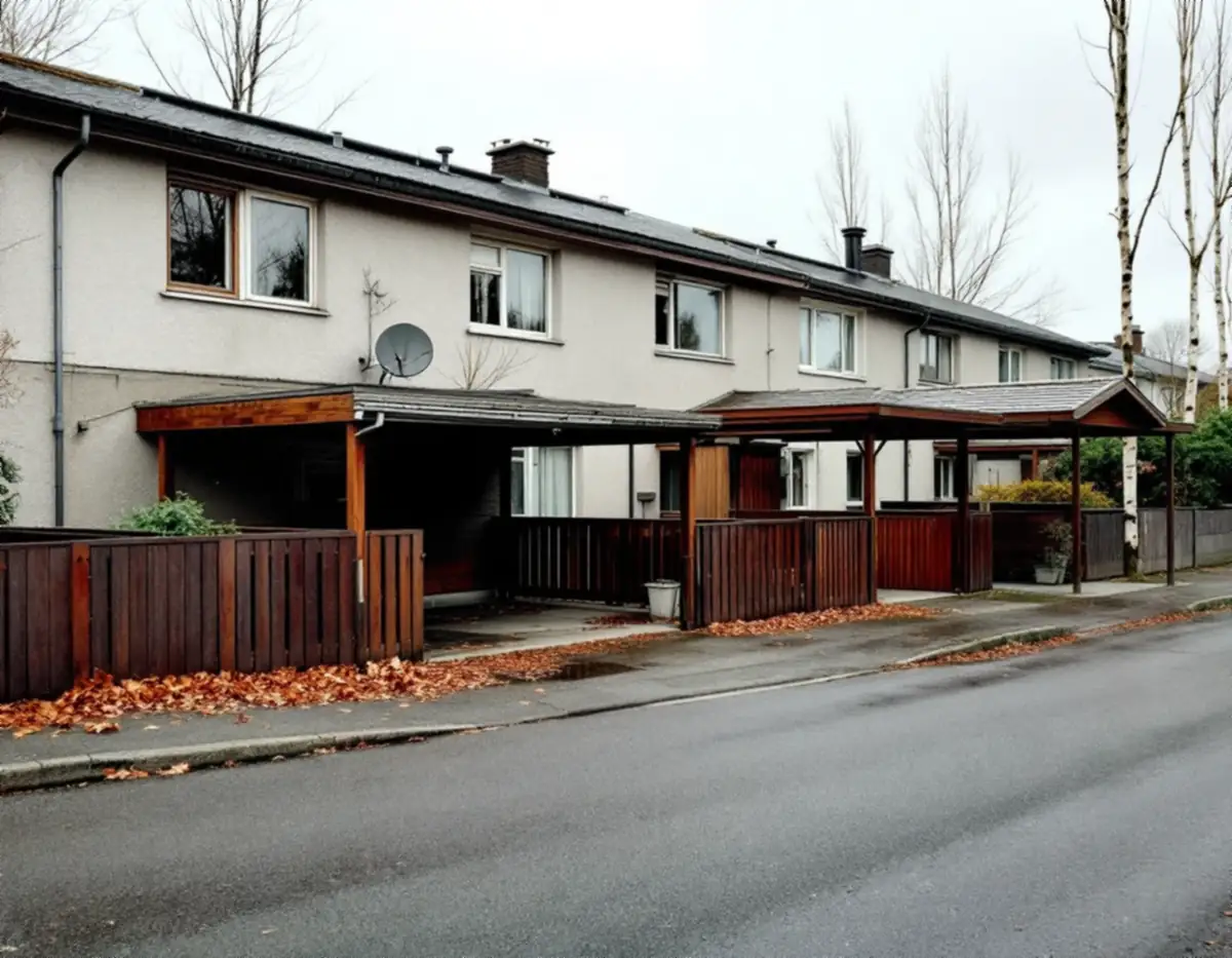 Putsade radhus från 1960-talet med förråd och carport mot gatan i Jakobsberg