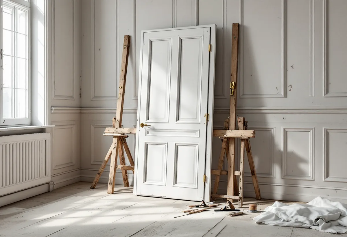 Gammal spegeldörr lutad mot väggen under renovering