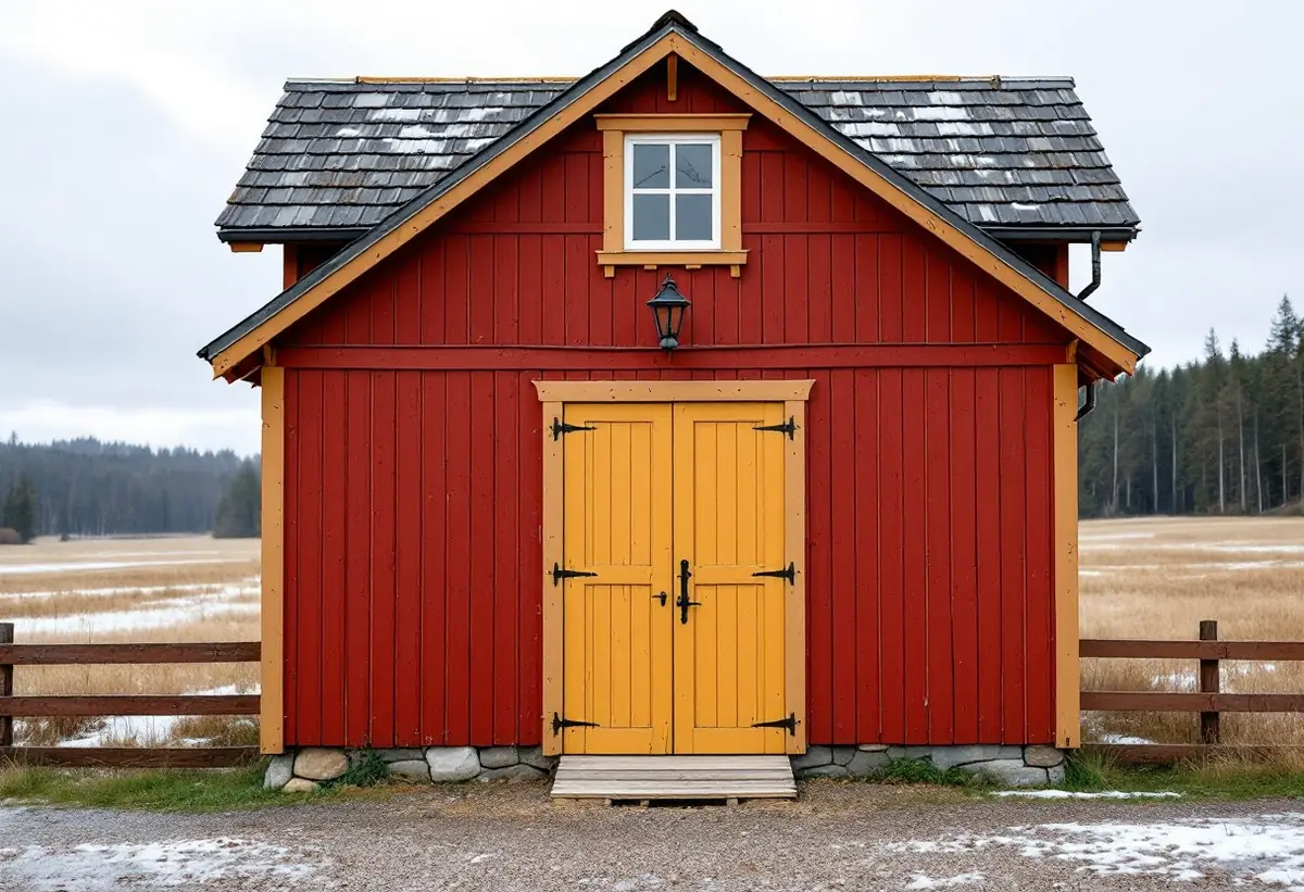 Rödfärgat timrat uthus med målad dubbeldörr och överljus på en gård i Odensala