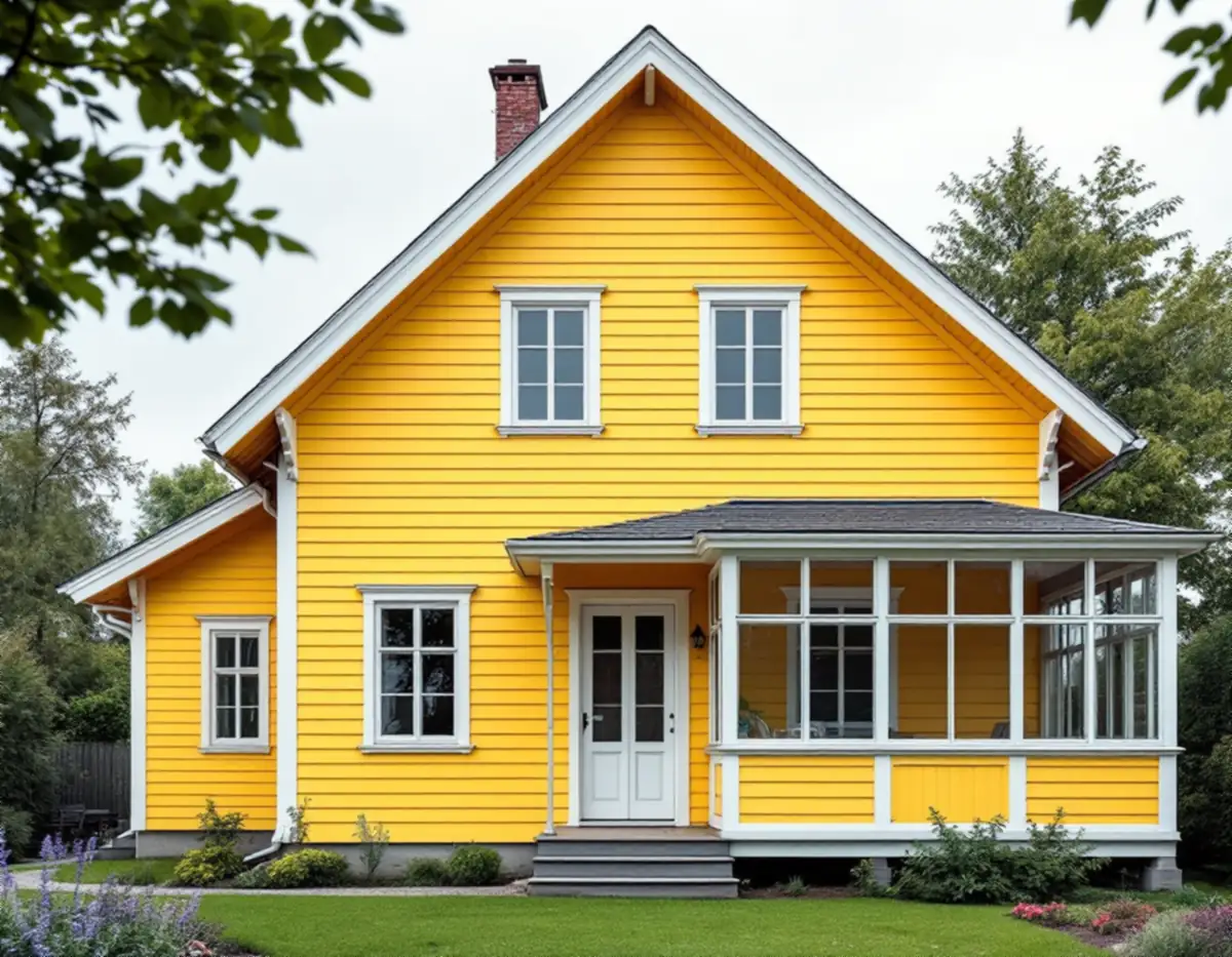 Gulmålad villa från tidigt 1900-tal med glasveranda och spröjsade fönster i Täby
