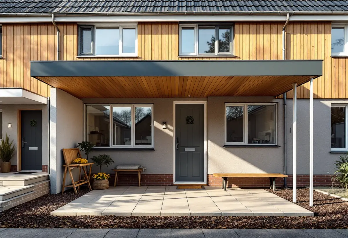 Ny carport med lågt platt tak vid ett radhus från 1960-talet