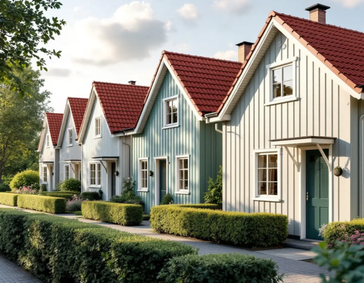 Rad av småstugor i Bromma med branta sadeltak i rött lertegel och ljus träpanel
