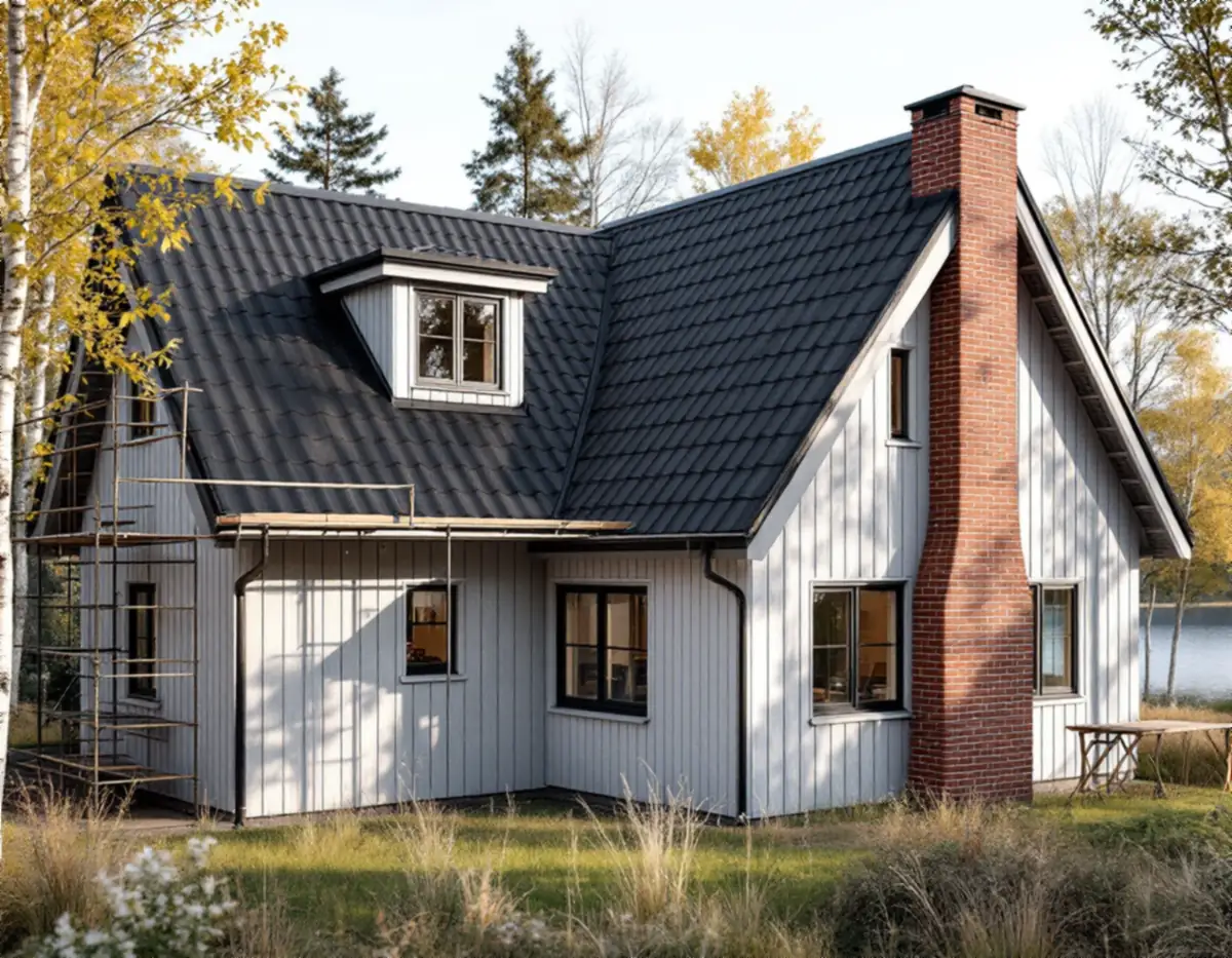 Villa med nylagt svart pannetak, murad skorsten och ställning längs ena gaveln