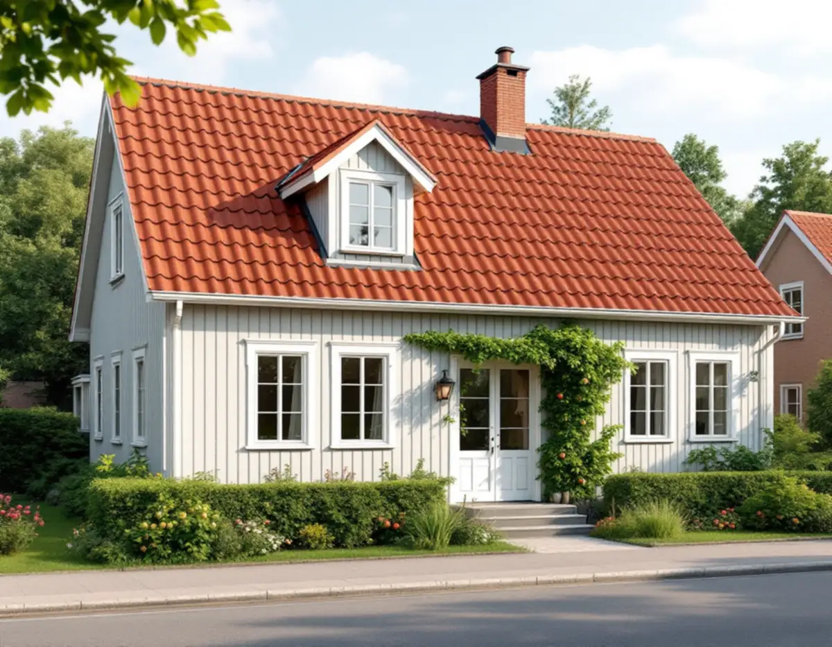 Villa med tegeltak och takkupa i en lummig trädgård