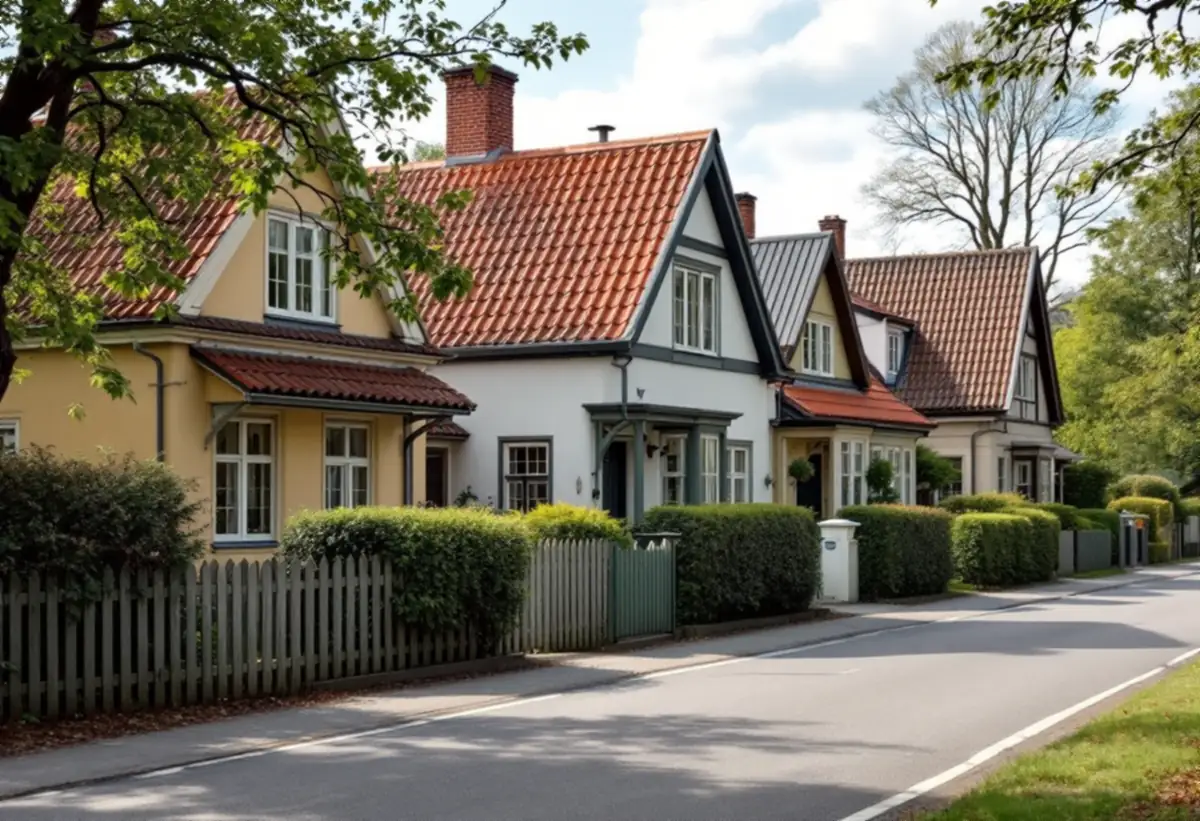 Villagata med olika tak bakom staket och häckar