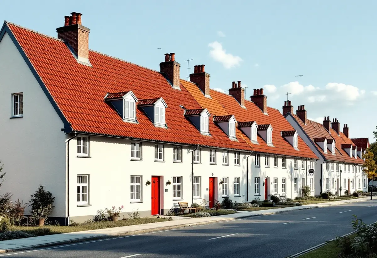 Radhuslänga med enhetliga tak och skorstenar sett från gatan