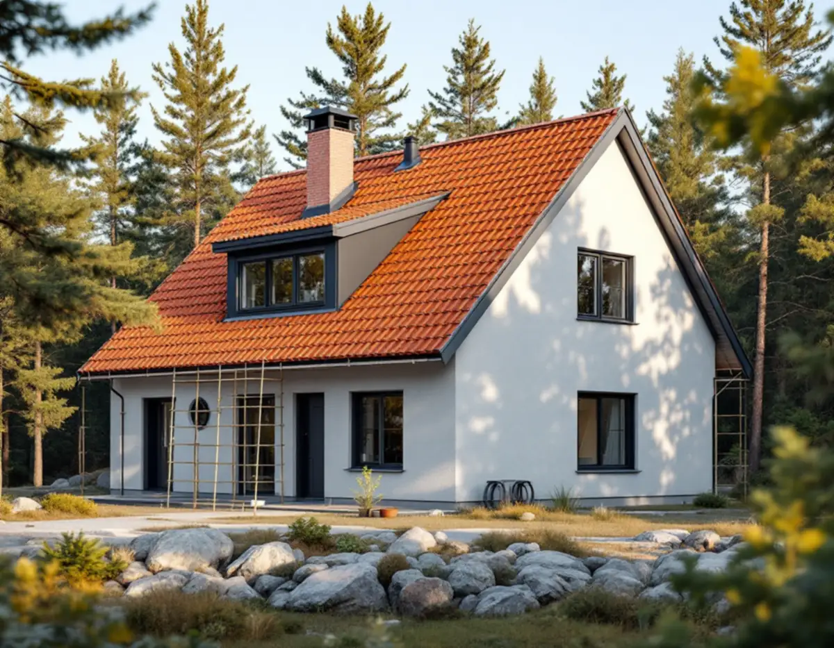 Villa i Nacka med nylagt tak av röda tegelpannor, murad skorsten och ventilationshuv bland tallar