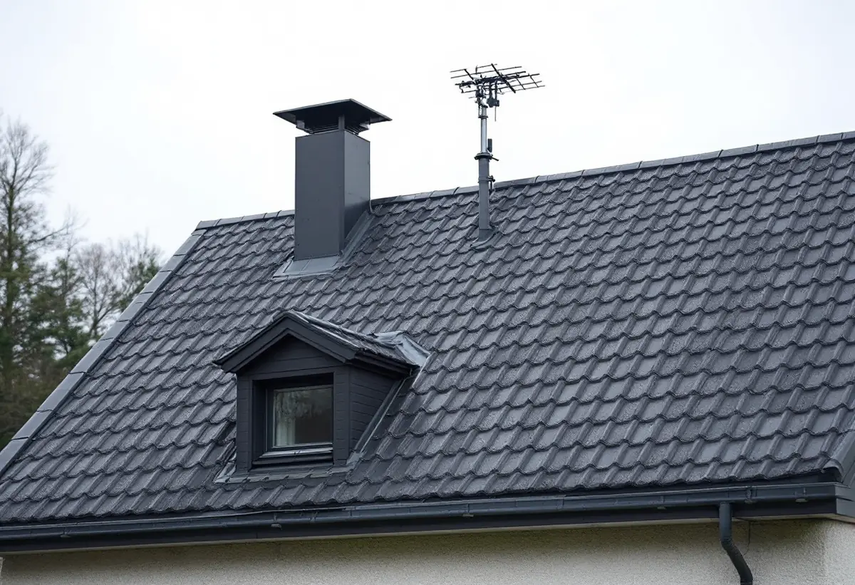 Takfall med ny ventilationshuv, takfönster och antennfäste på ett nylagt betongpannetak