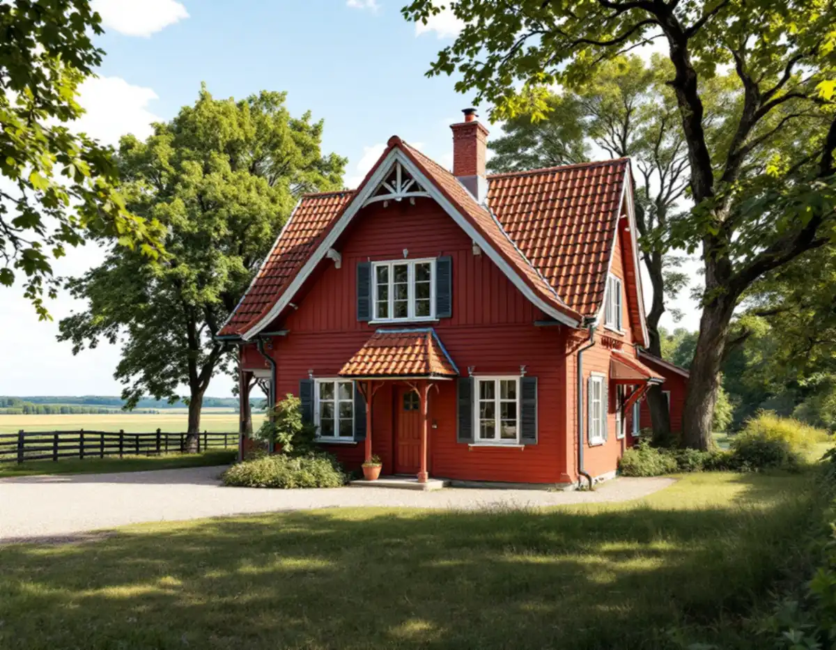 Rödmålad trävilla med vita snickerier och tak av rött lertegel