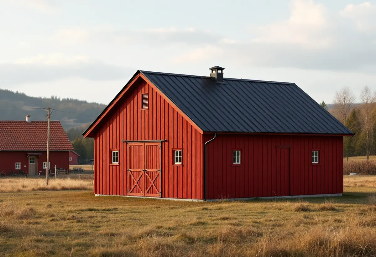 Matt svart plåttak på ett rödmålat uthus i ett odlingslandskap
