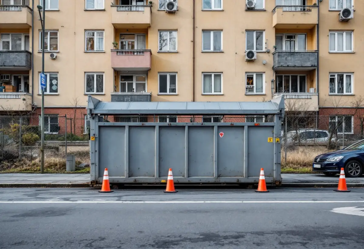 Container för rivningsmaterial vid trottoarkanten